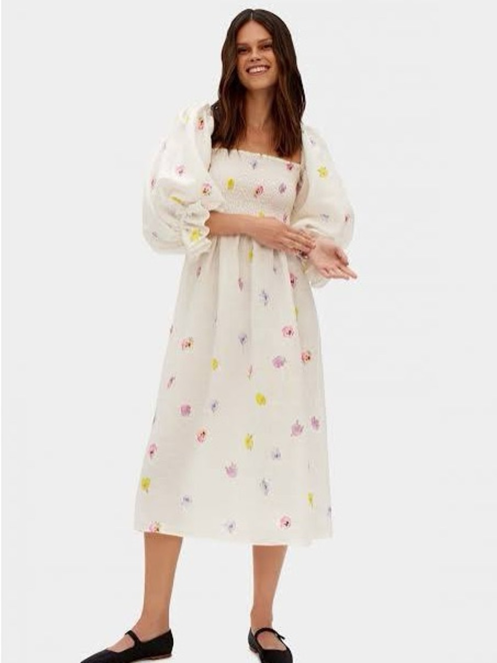 Sleeper white with multicolor pansy puff-sleeve linen midi dress XS